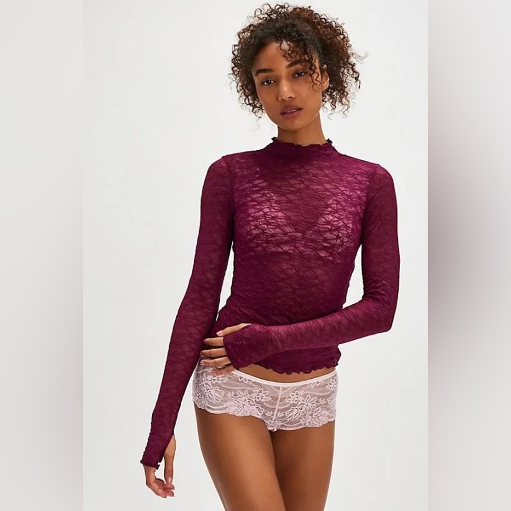 NWOT!  Free People Intimately Cranberry Lace From The Start Mockneck Long Sleeve